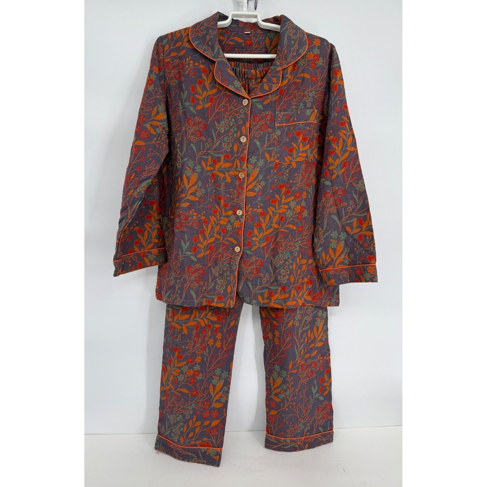 Unbranded Floral Cotton Pajama Set Sz XL Grey Orange Botanical Button Front